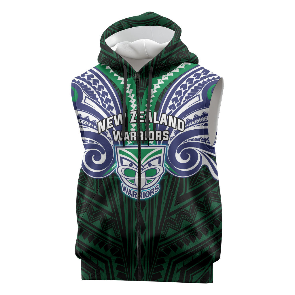 Custom New Zealand Warriors Sleeveless Zip Hoodie Maori Warrior Polynesia Islander Rugby Mascot