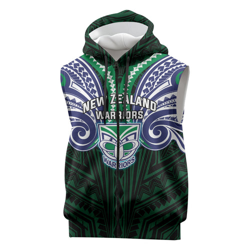 Custom New Zealand Warriors Sleeveless Zip Hoodie Maori Warrior Polynesia Islander Rugby Mascot