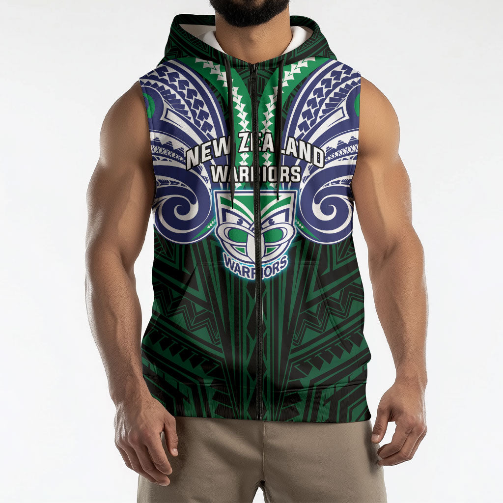 Custom New Zealand Warriors Sleeveless Zip Hoodie Maori Warrior Polynesia Islander Rugby Mascot