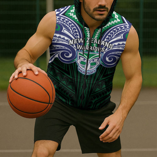 Custom New Zealand Warriors Sleeveless Zip Hoodie Maori Warrior Polynesia Islander Rugby Mascot