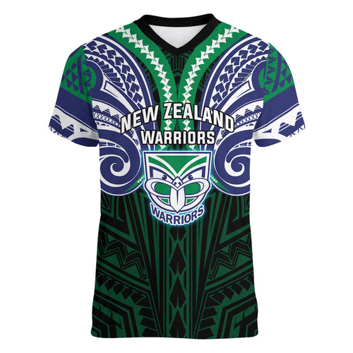 Custom New Zealand Warriors Women V-Neck T-Shirt Maori Warrior Polynesia Islander Rugby Mascot