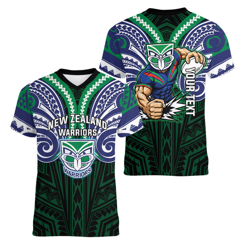 Custom New Zealand Warriors Women V-Neck T-Shirt Maori Warrior Polynesia Islander Rugby Mascot