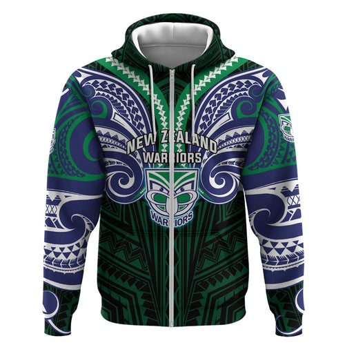 Custom New Zealand Warriors Zip Hoodie Maori Warrior Polynesia Islander Rugby Mascot