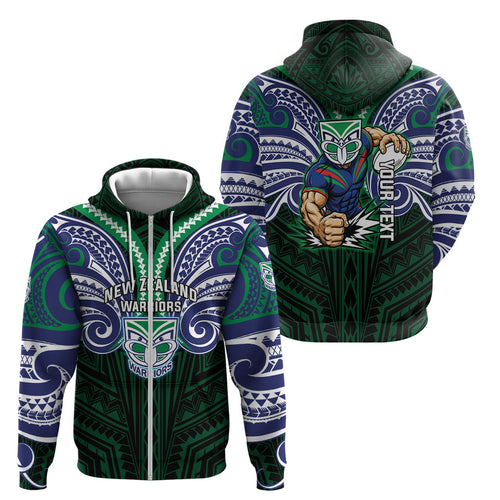 Custom New Zealand Warriors Zip Hoodie Maori Warrior Polynesia Islander Rugby Mascot