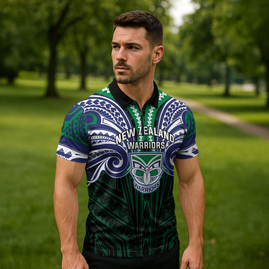 Custom New Zealand Warriors Zipper Polo Shirt Maori Warrior Polynesia Islander Rugby Mascot