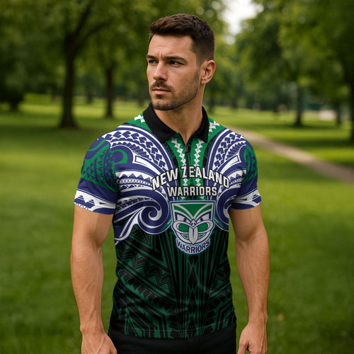 Custom New Zealand Warriors Zipper Polo Shirt Maori Warrior Polynesia Islander Rugby Mascot