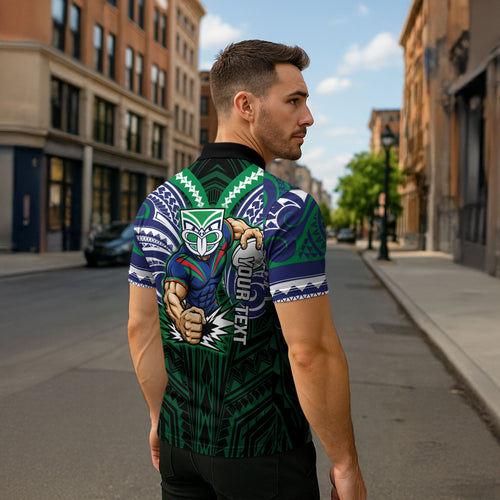 Custom New Zealand Warriors Zipper Polo Shirt Maori Warrior Polynesia Islander Rugby Mascot