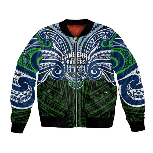 Custom Canberra Raiders Bomber Jacket Viking Warrior Polynesia Islander Rugby Mascot