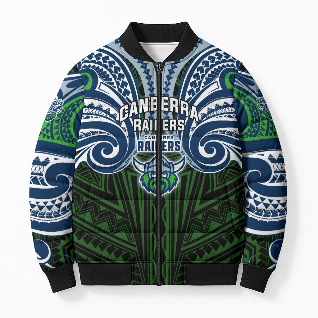 Custom Canberra Raiders Bomber Puffer Jacket Viking Warrior Polynesia Islander Rugby Mascot