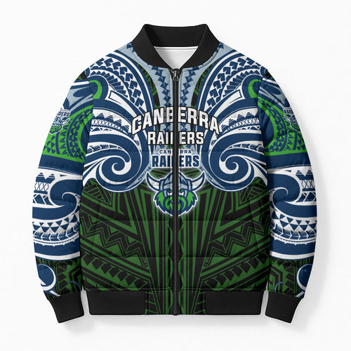 Custom Canberra Raiders Bomber Puffer Jacket Viking Warrior Polynesia Islander Rugby Mascot