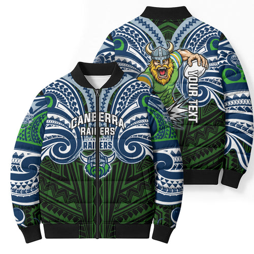 Custom Canberra Raiders Bomber Puffer Jacket Viking Warrior Polynesia Islander Rugby Mascot
