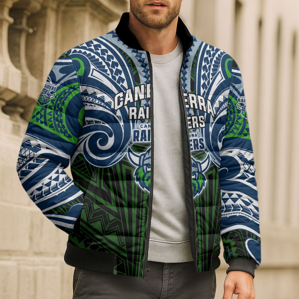 Custom Canberra Raiders Bomber Puffer Jacket Viking Warrior Polynesia Islander Rugby Mascot