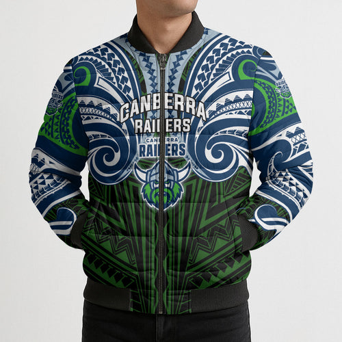 Custom Canberra Raiders Bomber Puffer Jacket Viking Warrior Polynesia Islander Rugby Mascot