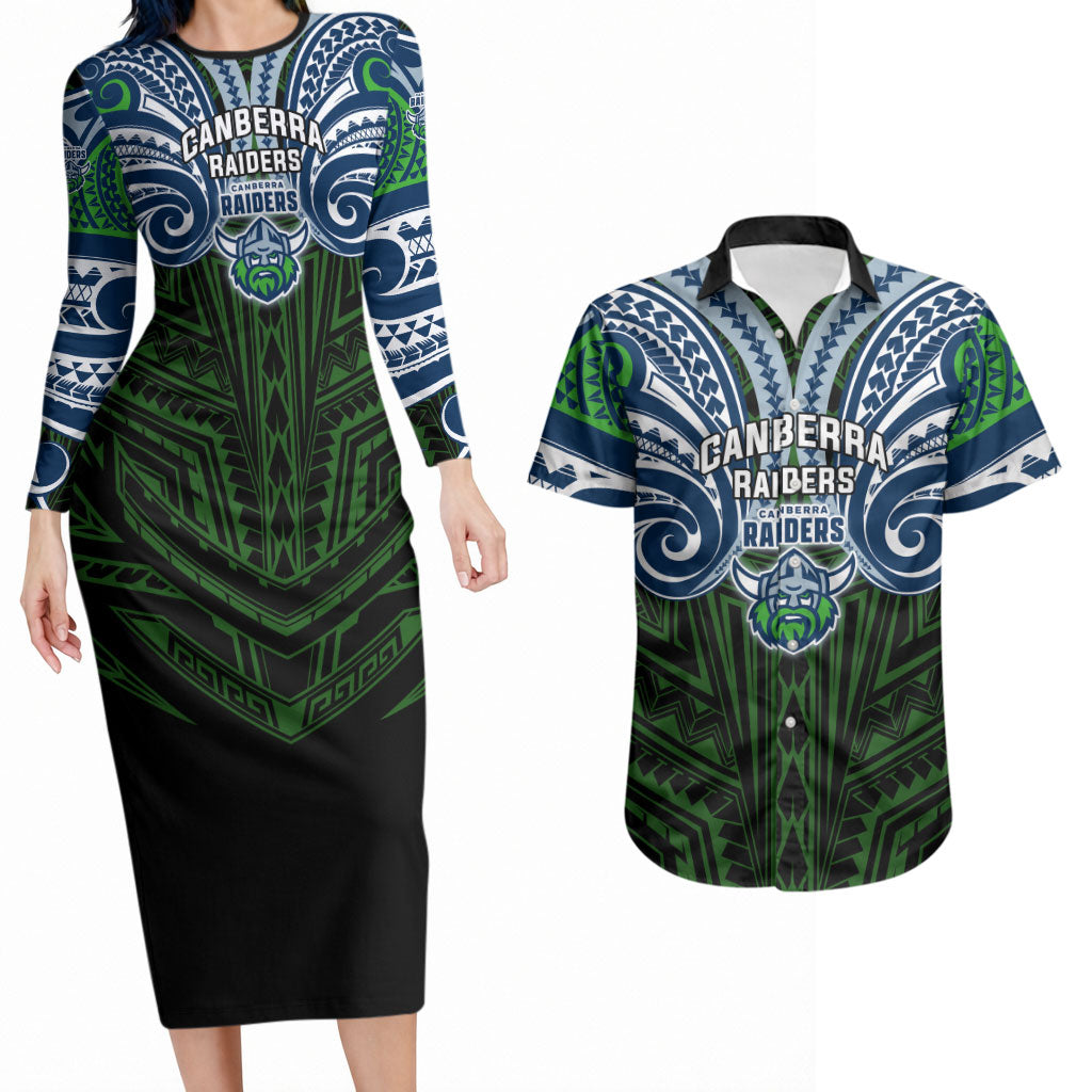 Custom Canberra Raiders Couples Matching Long Sleeve Bodycon Dress and Hawaiian Shirt Viking Warrior Polynesia Islander Rugby Mascot