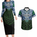 Custom Canberra Raiders Couples Matching Long Sleeve Bodycon Dress and Hawaiian Shirt Viking Warrior Polynesia Islander Rugby Mascot