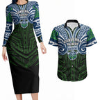 Custom Canberra Raiders Couples Matching Long Sleeve Bodycon Dress and Hawaiian Shirt Viking Warrior Polynesia Islander Rugby Mascot