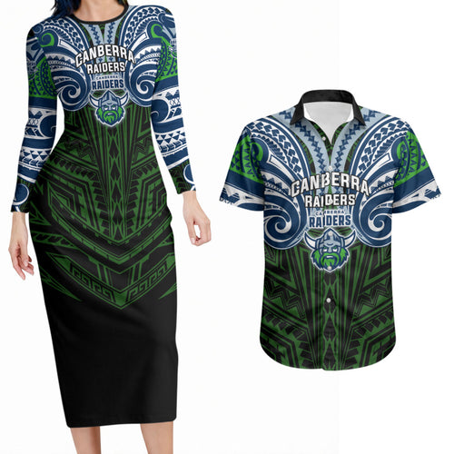 Custom Canberra Raiders Couples Matching Long Sleeve Bodycon Dress and Hawaiian Shirt Viking Warrior Polynesia Islander Rugby Mascot