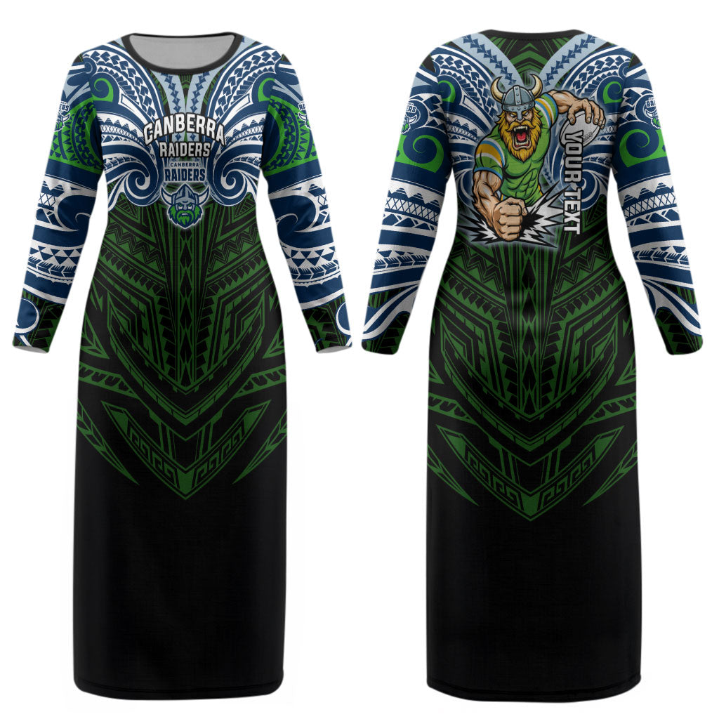 Custom Canberra Raiders Couples Matching Long Sleeve Bodycon Dress and Hawaiian Shirt Viking Warrior Polynesia Islander Rugby Mascot