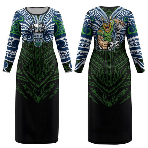 Custom Canberra Raiders Couples Matching Long Sleeve Bodycon Dress and Hawaiian Shirt Viking Warrior Polynesia Islander Rugby Mascot