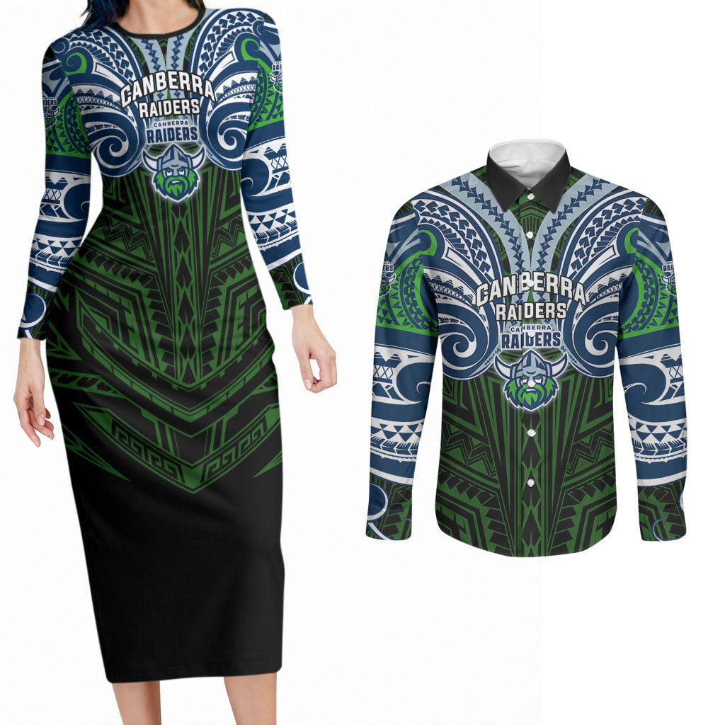 Custom Canberra Raiders Couples Matching Long Sleeve Bodycon Dress and Long Sleeve Button Shirt Viking Warrior Polynesia Islander Rugby Mascot