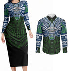 Custom Canberra Raiders Couples Matching Long Sleeve Bodycon Dress and Long Sleeve Button Shirt Viking Warrior Polynesia Islander Rugby Mascot