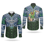 Custom Canberra Raiders Couples Matching Long Sleeve Bodycon Dress and Long Sleeve Button Shirt Viking Warrior Polynesia Islander Rugby Mascot