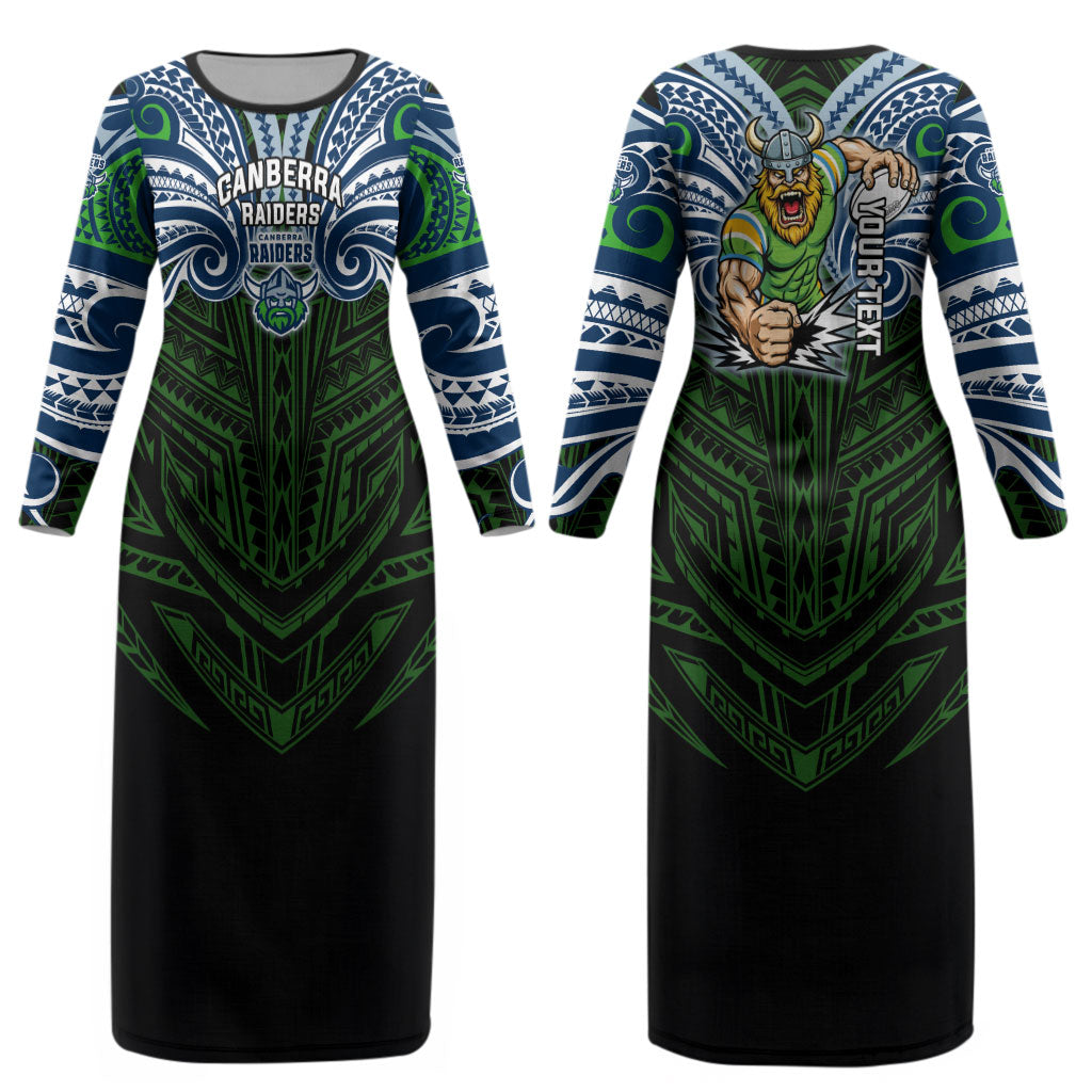 Custom Canberra Raiders Couples Matching Long Sleeve Bodycon Dress and Long Sleeve Button Shirt Viking Warrior Polynesia Islander Rugby Mascot