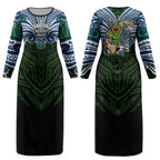Custom Canberra Raiders Couples Matching Long Sleeve Bodycon Dress and Long Sleeve Button Shirt Viking Warrior Polynesia Islander Rugby Mascot