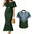Custom Canberra Raiders Couples Matching Mermaid Dress and Hawaiian Shirt Viking Warrior Polynesia Islander Rugby Mascot