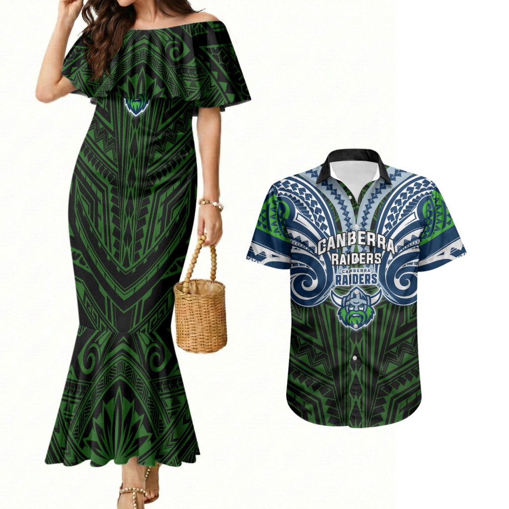 Custom Canberra Raiders Couples Matching Mermaid Dress and Hawaiian Shirt Viking Warrior Polynesia Islander Rugby Mascot