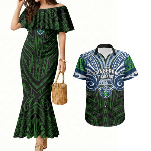 Custom Canberra Raiders Couples Matching Mermaid Dress and Hawaiian Shirt Viking Warrior Polynesia Islander Rugby Mascot