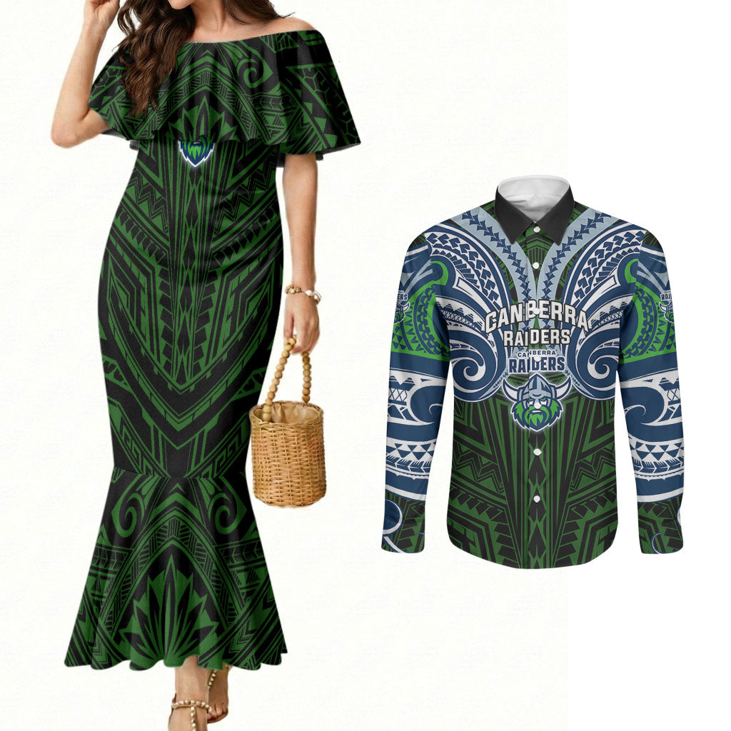 Custom Canberra Raiders Couples Matching Mermaid Dress and Long Sleeve Button Shirt Viking Warrior Polynesia Islander Rugby Mascot