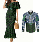Custom Canberra Raiders Couples Matching Mermaid Dress and Long Sleeve Button Shirt Viking Warrior Polynesia Islander Rugby Mascot