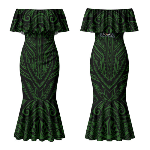 Custom Canberra Raiders Couples Matching Mermaid Dress and Long Sleeve Button Shirt Viking Warrior Polynesia Islander Rugby Mascot
