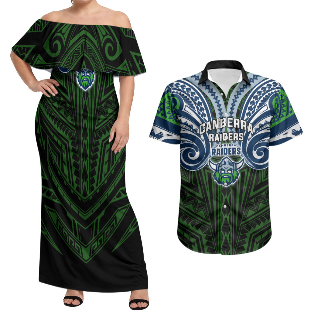 Custom Canberra Raiders Couples Matching Off Shoulder Maxi Dress and Hawaiian Shirt Viking Warrior Polynesia Islander Rugby Mascot