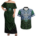 Custom Canberra Raiders Couples Matching Off Shoulder Maxi Dress and Hawaiian Shirt Viking Warrior Polynesia Islander Rugby Mascot