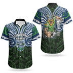 Custom Canberra Raiders Couples Matching Off Shoulder Maxi Dress and Hawaiian Shirt Viking Warrior Polynesia Islander Rugby Mascot