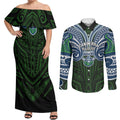 Custom Canberra Raiders Couples Matching Off Shoulder Maxi Dress and Long Sleeve Button Shirt Viking Warrior Polynesia Islander Rugby Mascot
