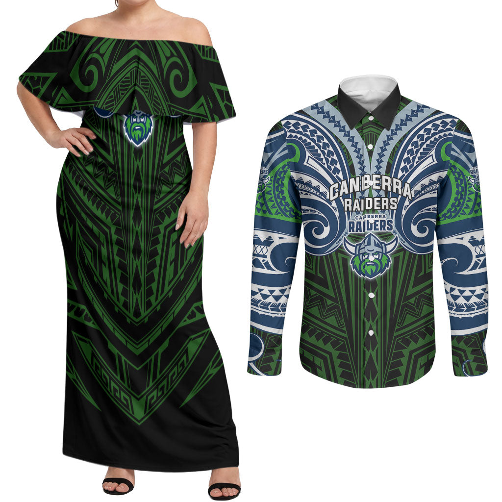 Custom Canberra Raiders Couples Matching Off Shoulder Maxi Dress and Long Sleeve Button Shirt Viking Warrior Polynesia Islander Rugby Mascot