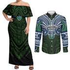 Custom Canberra Raiders Couples Matching Off Shoulder Maxi Dress and Long Sleeve Button Shirt Viking Warrior Polynesia Islander Rugby Mascot