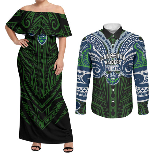Custom Canberra Raiders Couples Matching Off Shoulder Maxi Dress and Long Sleeve Button Shirt Viking Warrior Polynesia Islander Rugby Mascot