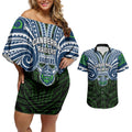 Custom Canberra Raiders Couples Matching Off Shoulder Short Dress and Hawaiian Shirt Viking Warrior Polynesia Islander Rugby Mascot