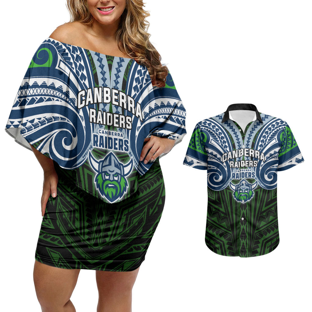 Custom Canberra Raiders Couples Matching Off Shoulder Short Dress and Hawaiian Shirt Viking Warrior Polynesia Islander Rugby Mascot