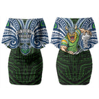 Custom Canberra Raiders Couples Matching Off Shoulder Short Dress and Hawaiian Shirt Viking Warrior Polynesia Islander Rugby Mascot