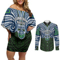 Custom Canberra Raiders Couples Matching Off Shoulder Short Dress and Long Sleeve Button Shirt Viking Warrior Polynesia Islander Rugby Mascot
