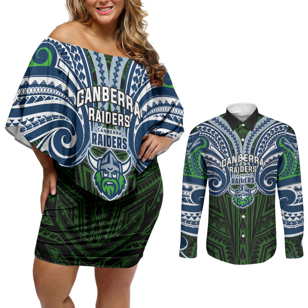 Custom Canberra Raiders Couples Matching Off Shoulder Short Dress and Long Sleeve Button Shirt Viking Warrior Polynesia Islander Rugby Mascot