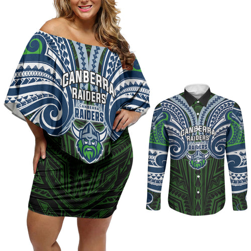Custom Canberra Raiders Couples Matching Off Shoulder Short Dress and Long Sleeve Button Shirt Viking Warrior Polynesia Islander Rugby Mascot