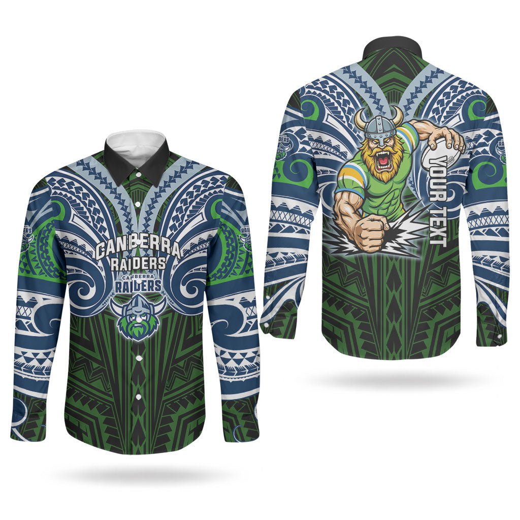 Custom Canberra Raiders Couples Matching Off Shoulder Short Dress and Long Sleeve Button Shirt Viking Warrior Polynesia Islander Rugby Mascot