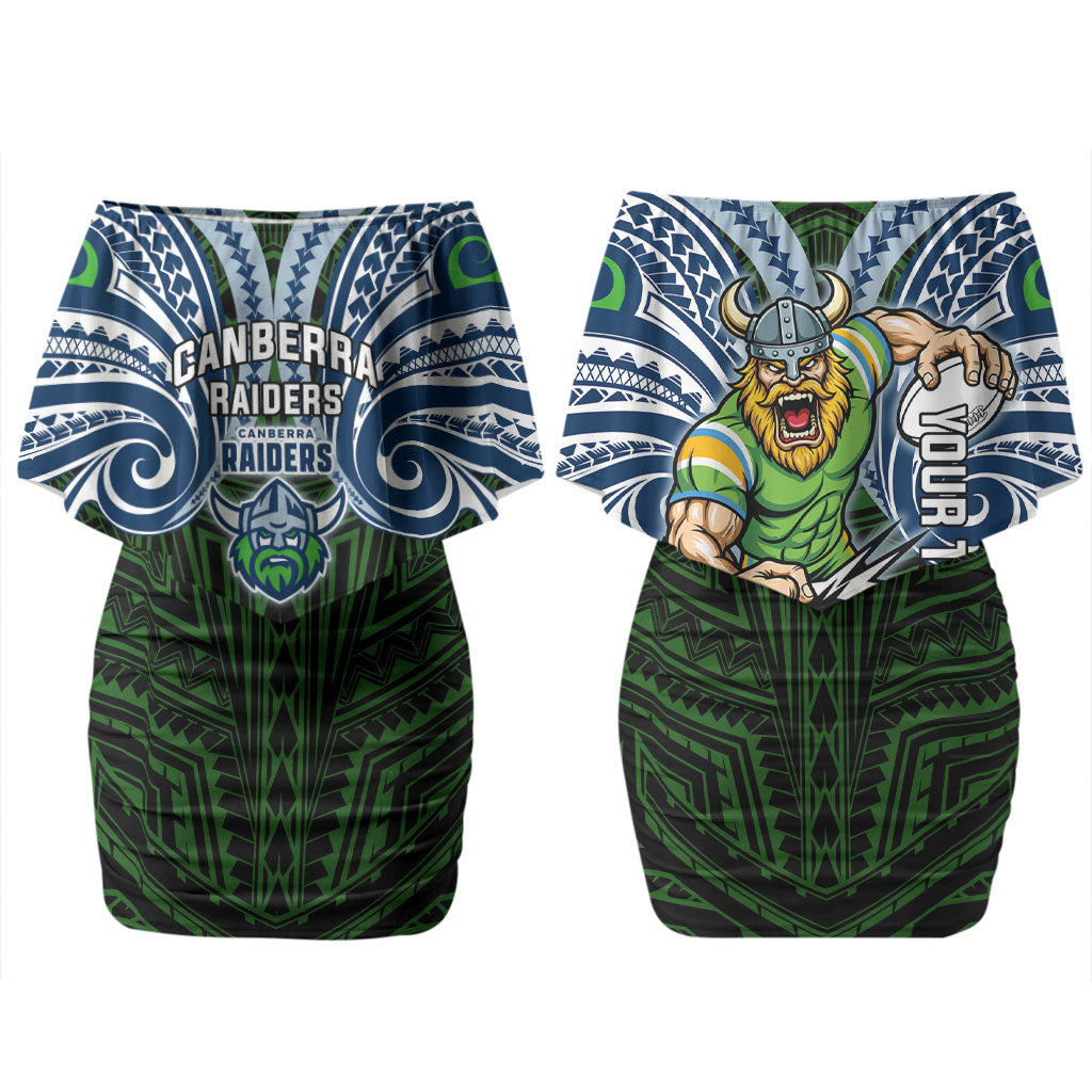 Custom Canberra Raiders Couples Matching Off Shoulder Short Dress and Long Sleeve Button Shirt Viking Warrior Polynesia Islander Rugby Mascot