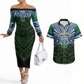 Custom Canberra Raiders Couples Matching Off The Shoulder Long Sleeve Dress and Hawaiian Shirt Viking Warrior Polynesia Islander Rugby Mascot